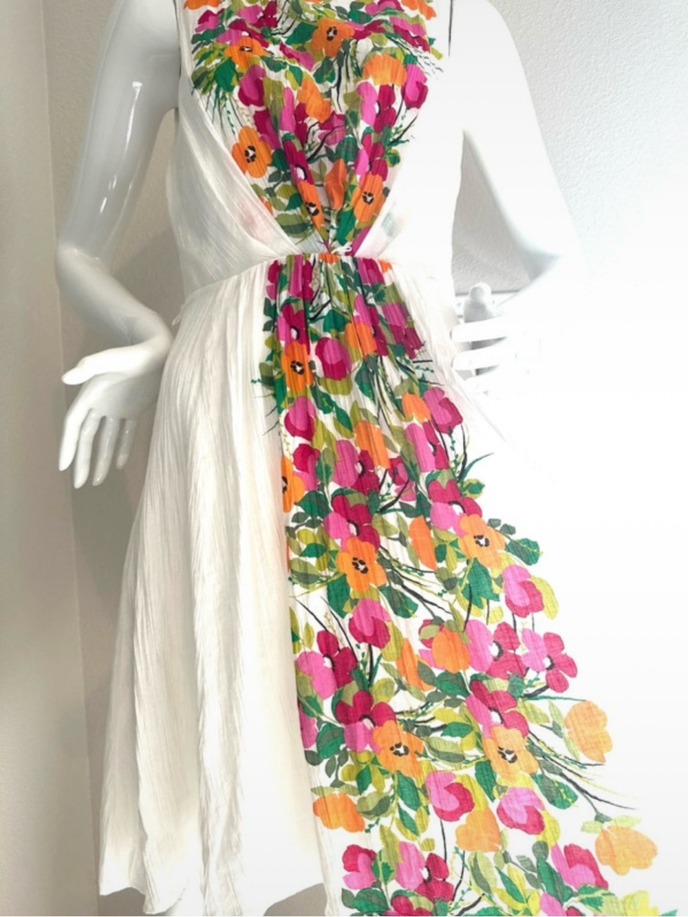 White Floral Print Midi Dress with Pink & Orange Blooms M